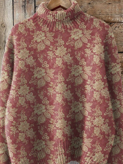Vintage Style Floral Pattern Printed Knit Turtleneck Pullover Sweater
