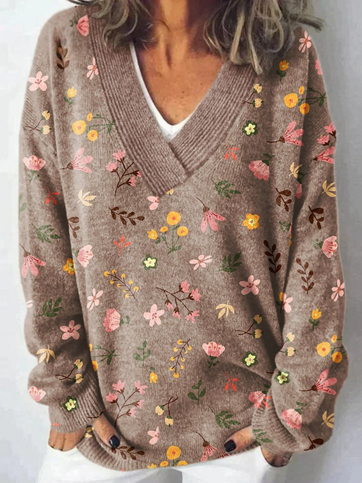 Flower Art Print Knit V-neck Pullover Sweater