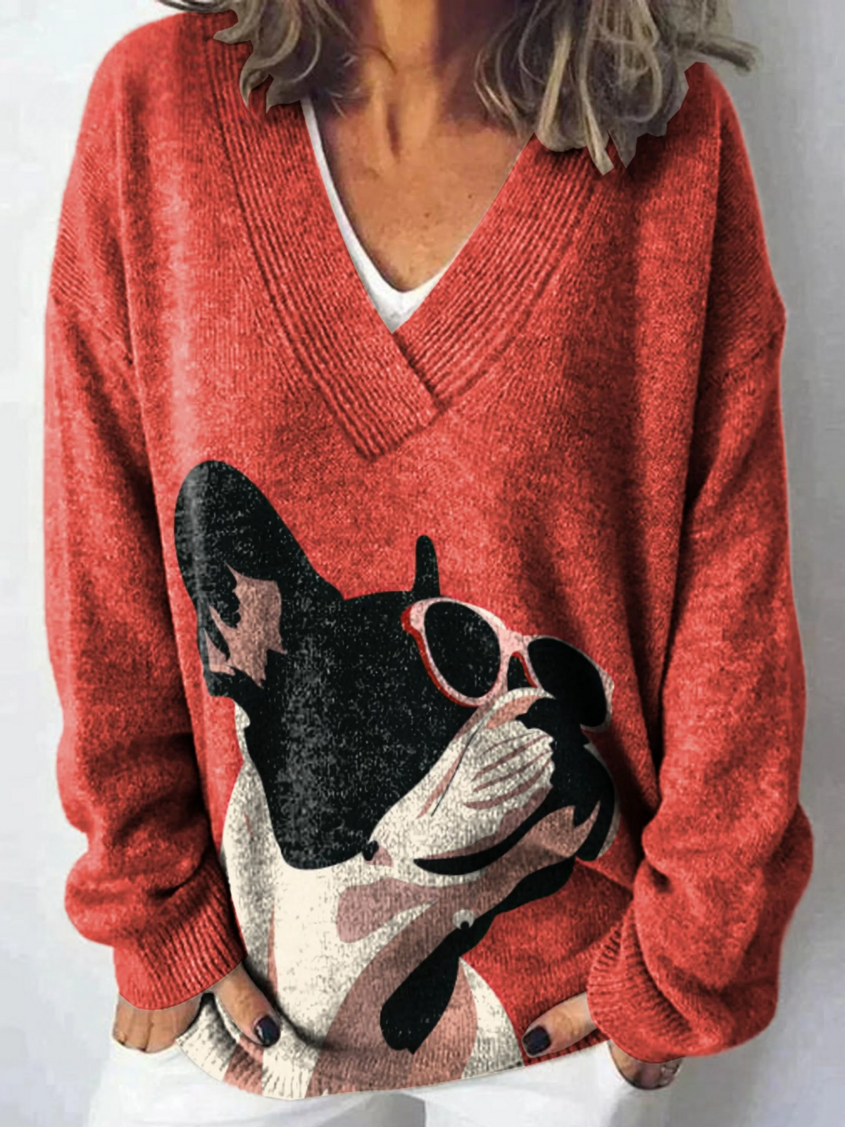 Decorative Pattern of French Bulldog Wearing Sunglasses On Red Background Knit V-neck Pullover Sweater