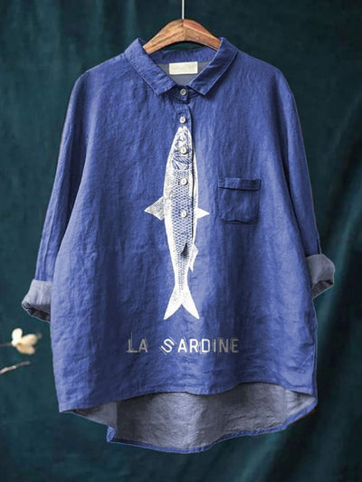 Sardine Fish Graphic Printed Women's Casual  Linen Shirt