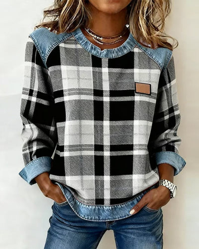 Fashionable Sweatshirt with Checkered Patchwork