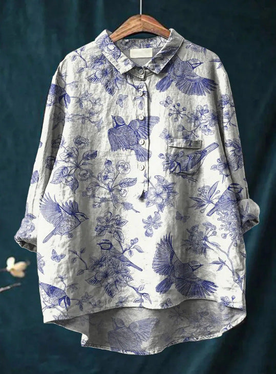 Caroline - Cotton Linen Floral Blouse