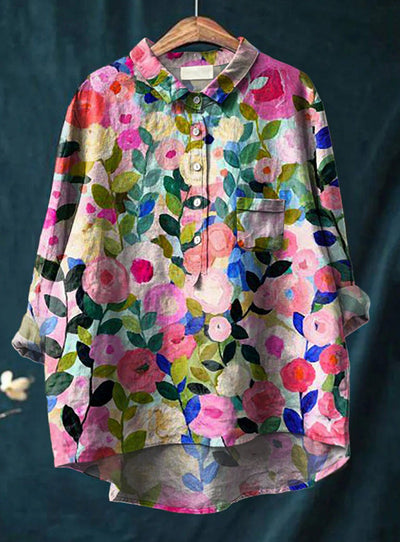Caroline - Cotton Linen Floral Blouse